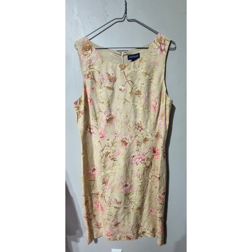 Ann Taylor Floral Linen Blend Sleeveless Sheath Dress Beige Pink Tan Size 14